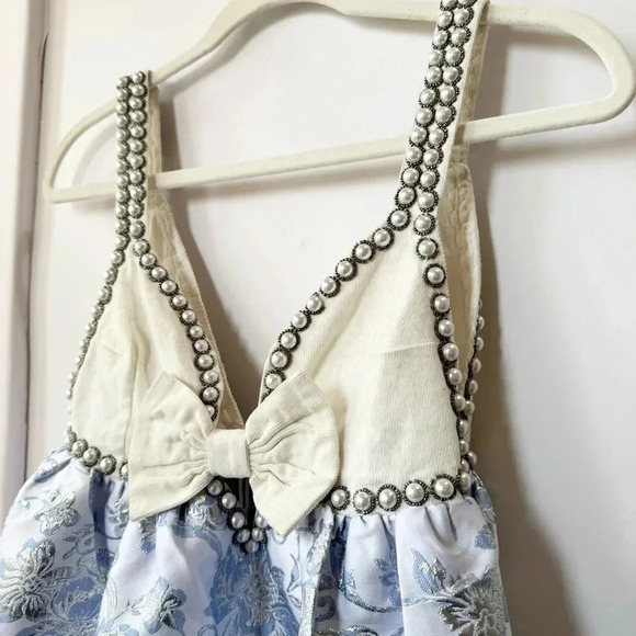 New Free People Pearl Embellished Jacquard Floral Mini Dress White Blue - Picture 6 of 17